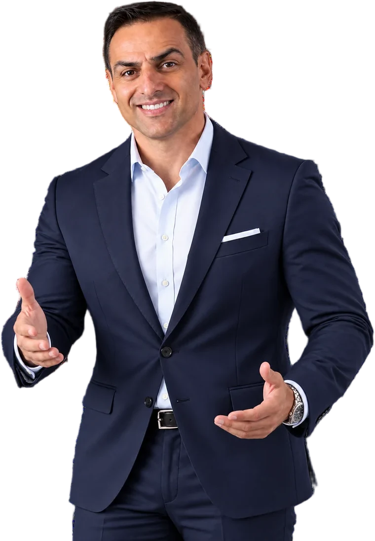 Fadi Malouf standing in a navy suit with his hands open