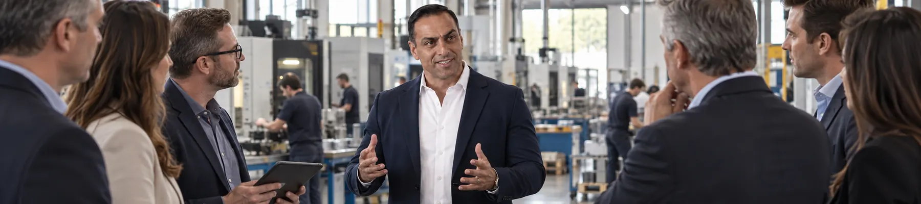 A group in conversation on a factory floor, one person mid-sentence.