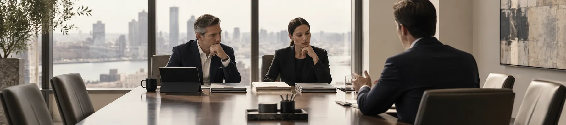 A long boardroom table with three people talking at the far end.