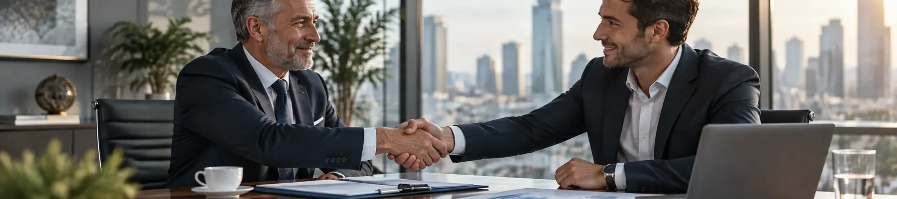 Two people shaking hands across a boardroom table with documents on it.