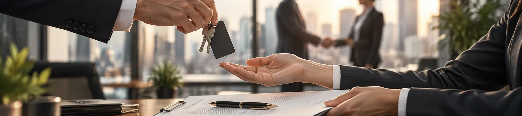 A set of keys passed across a signed document, two people shaking hands behind.
