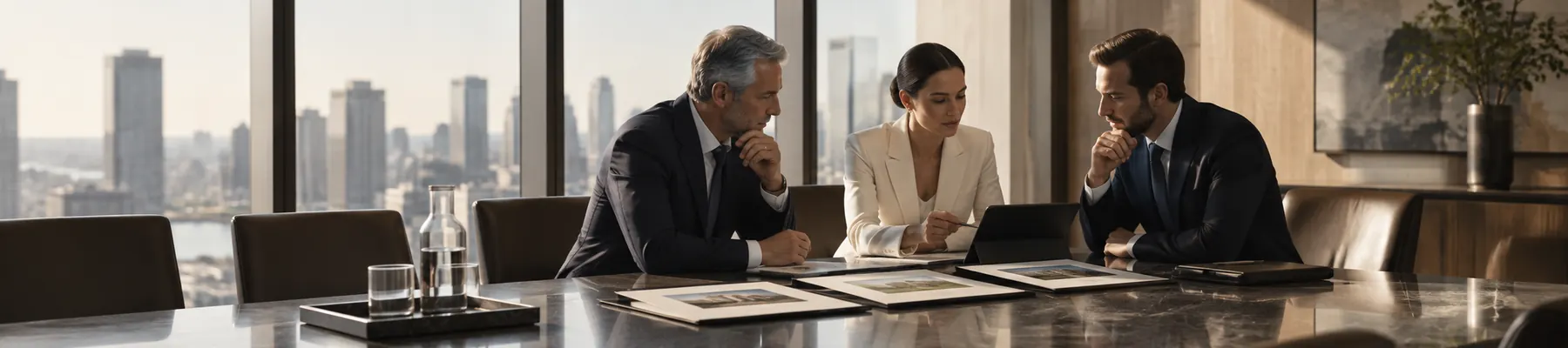 Three people working through papers at a boardroom table, city beyond.
