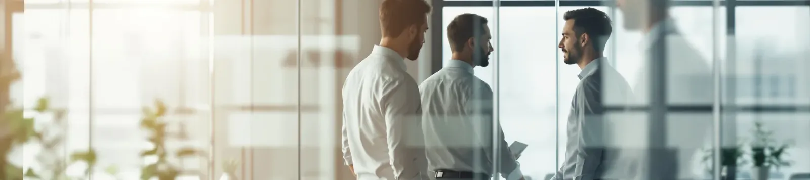 Three colleagues around a table in a glass meeting room.