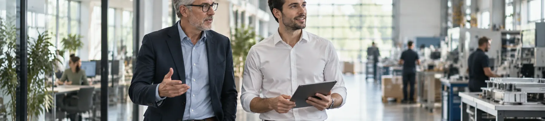 Two people walking a light industrial floor, one holding a tablet.