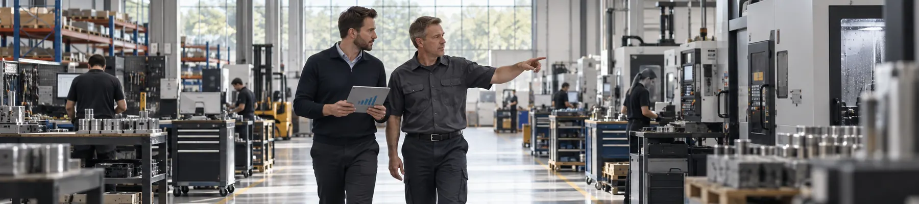 Two people walking through a machine shop past equipment.