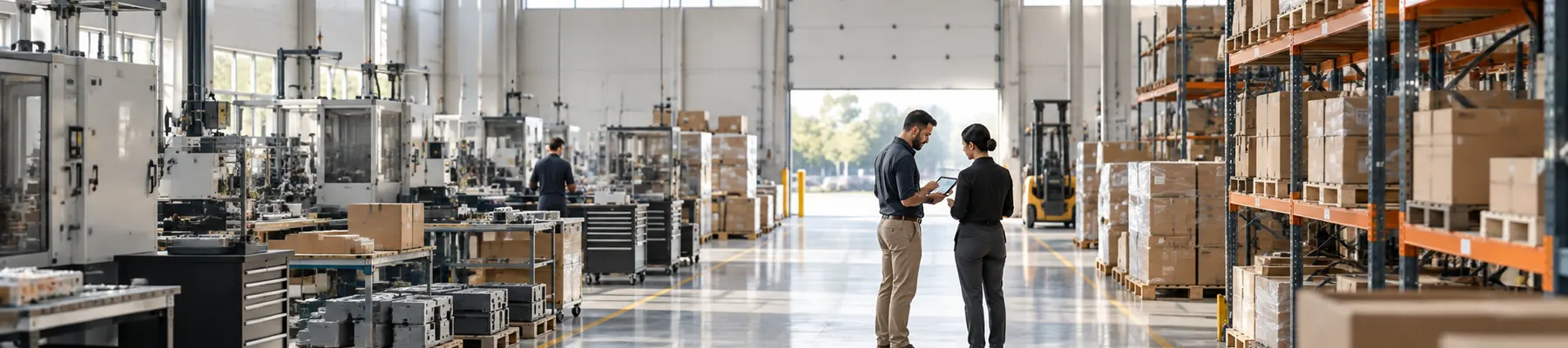 A warehouse interior with pallet racking and two people talking by the door.