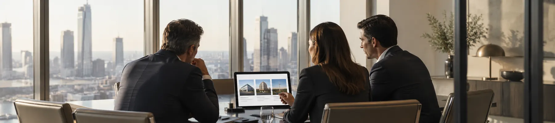 Four people around a table with a screen between them, city beyond.