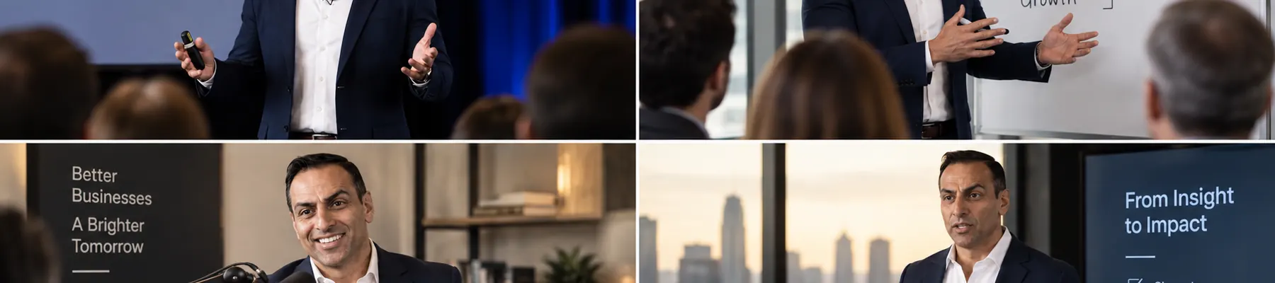 A speaker presenting on stage and in close conversation.