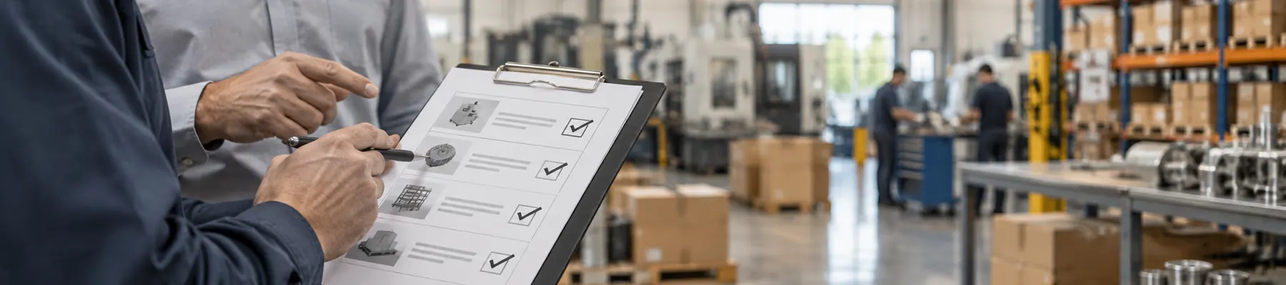 A checklist on a clipboard being ticked off, a warehouse behind.
