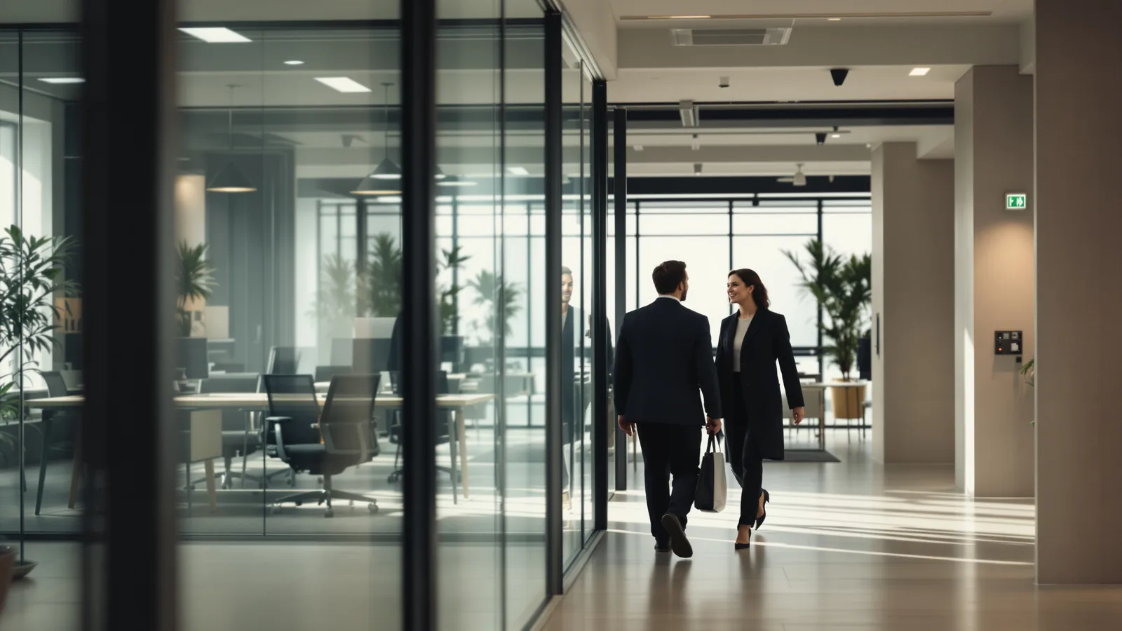 Two people walking and talking through an office.