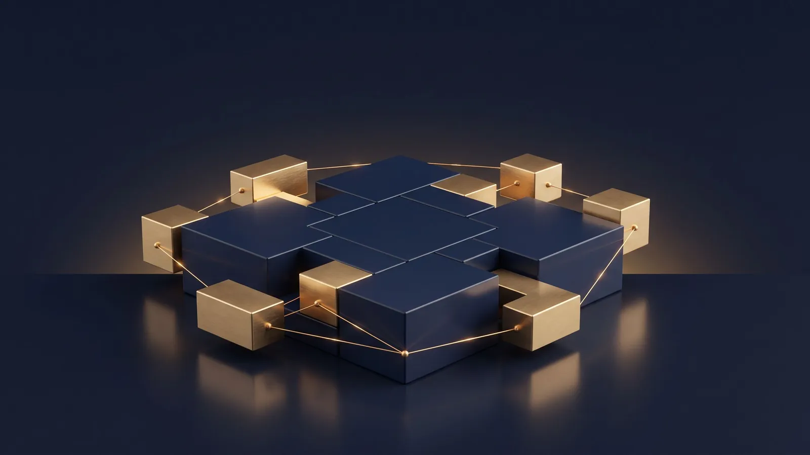 Dark navy blocks with smaller gold blocks around them, joined by thin lit lines.