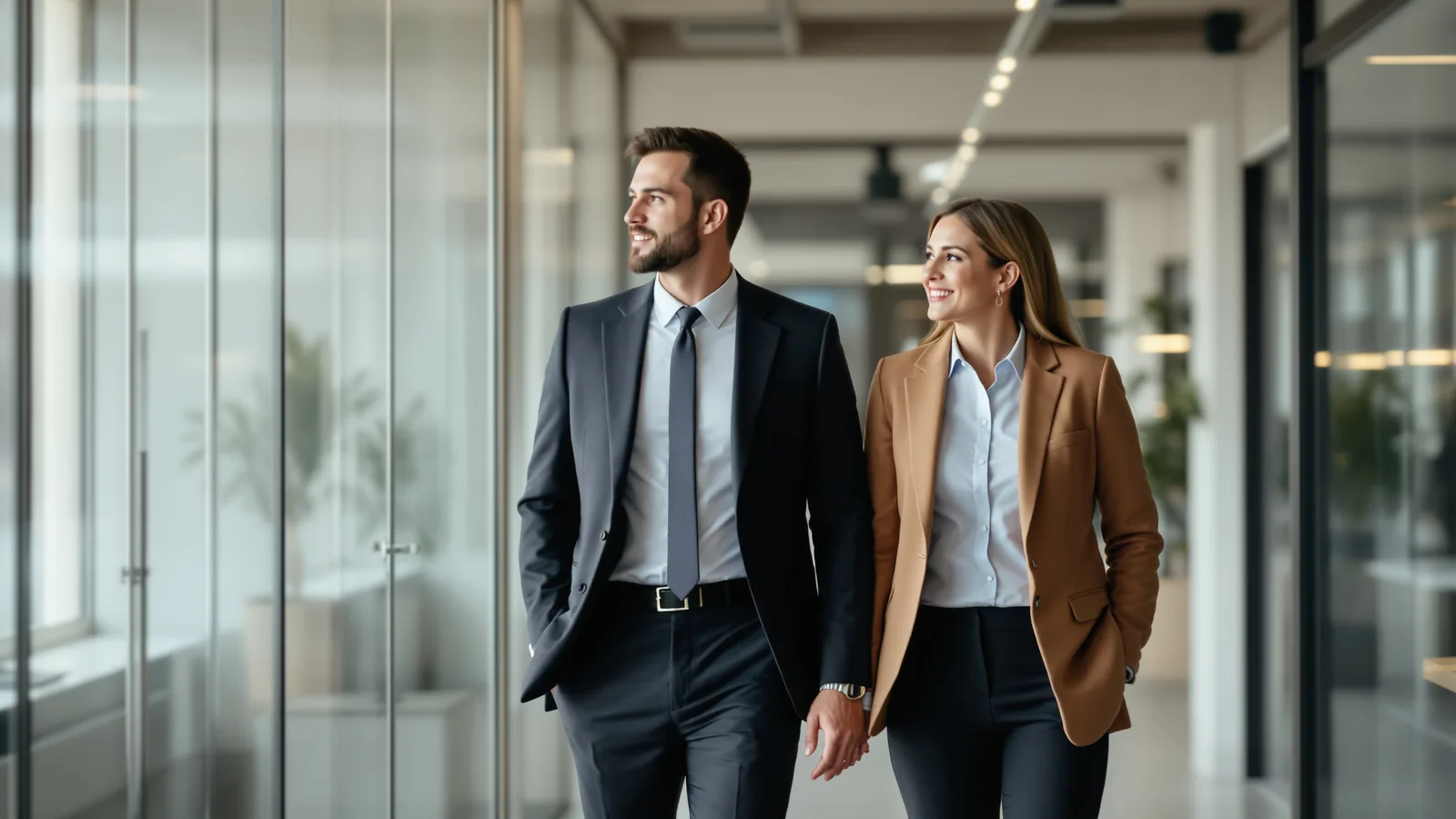 Two people walking and talking through an office.