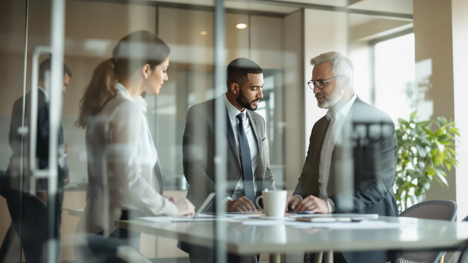 Three colleagues around a table in a glass meeting room.