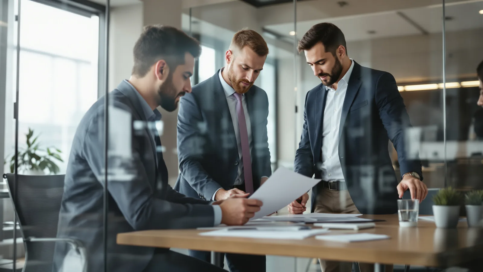 Three colleagues around a table in a glass meeting room.