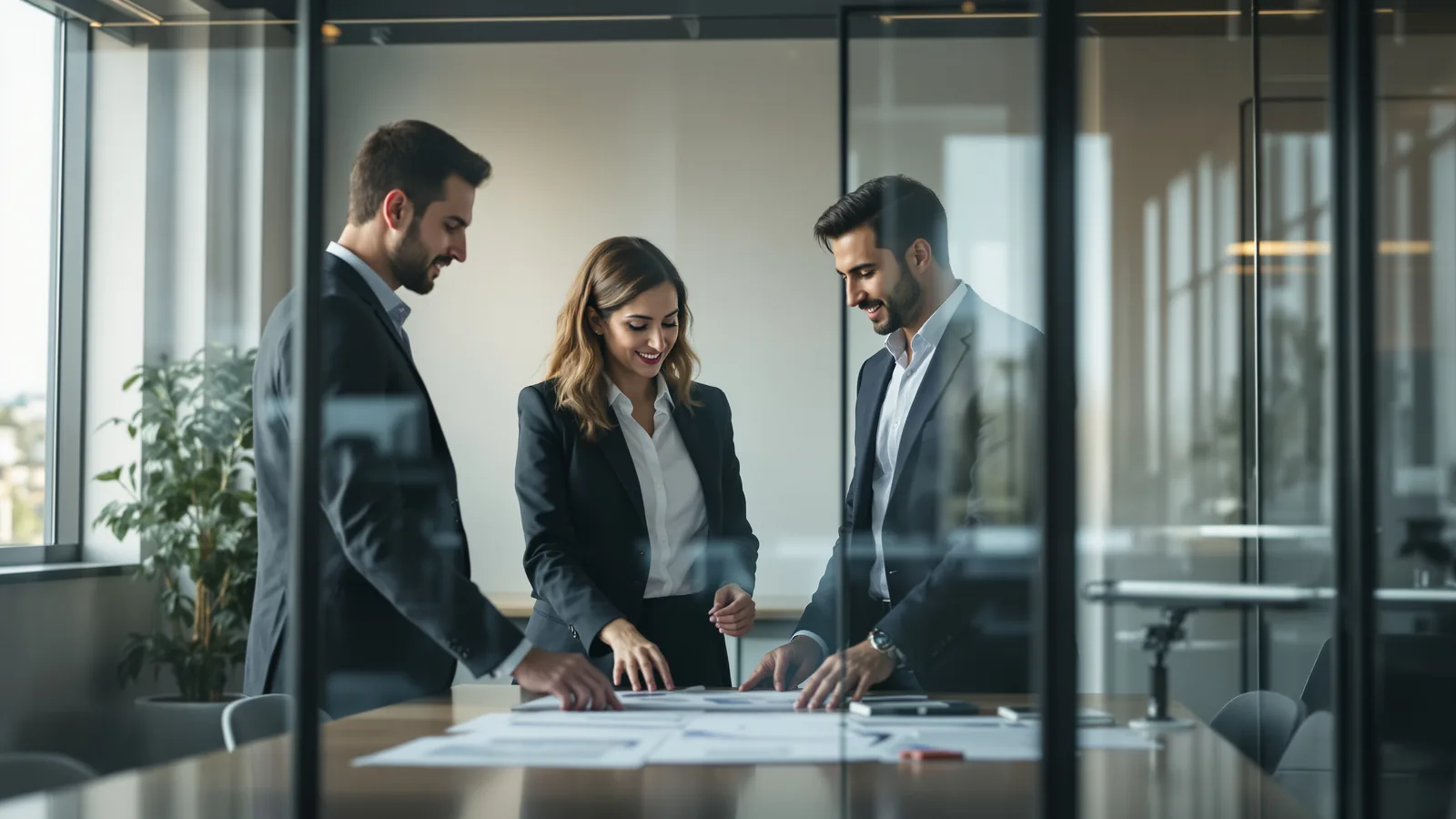 Three colleagues around a table in a glass meeting room.