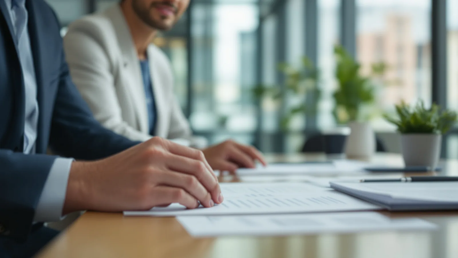 Close view of hands and printed documents on a desk.