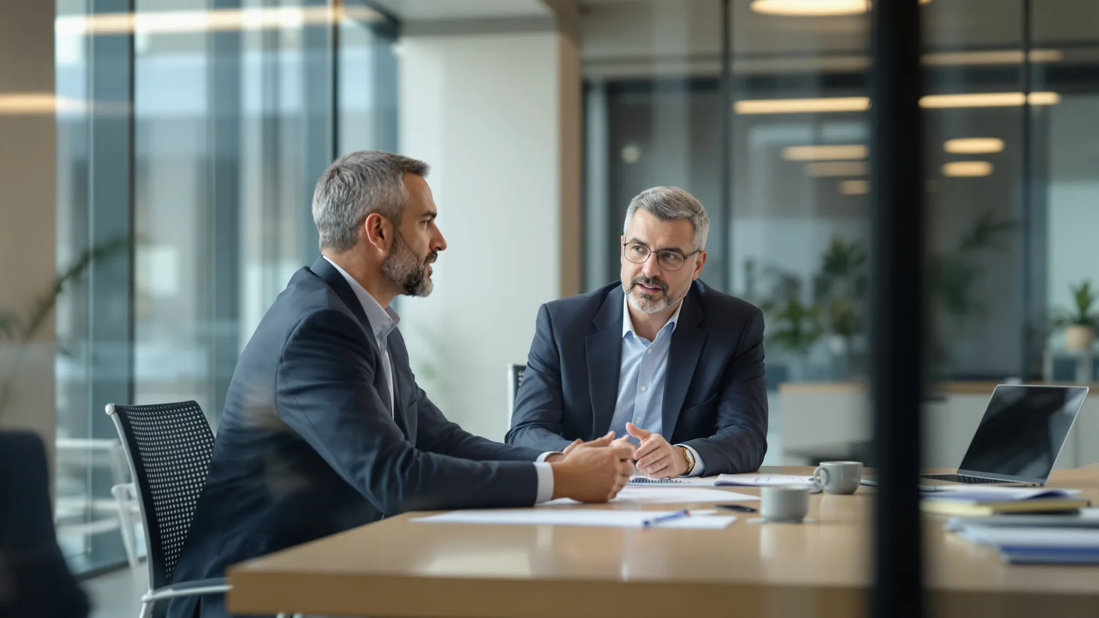Two people mid-discussion across a table.