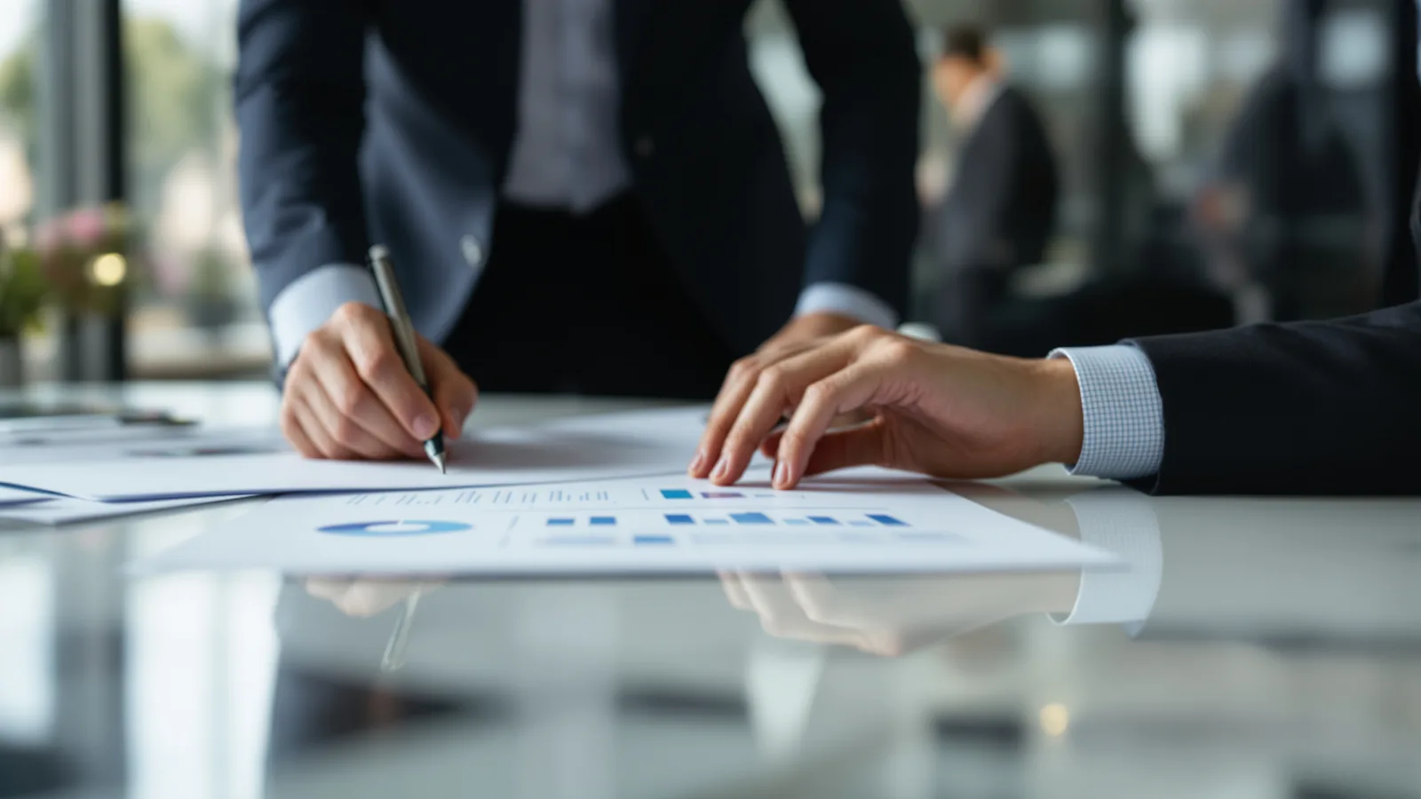 Close view of hands and printed documents on a desk.