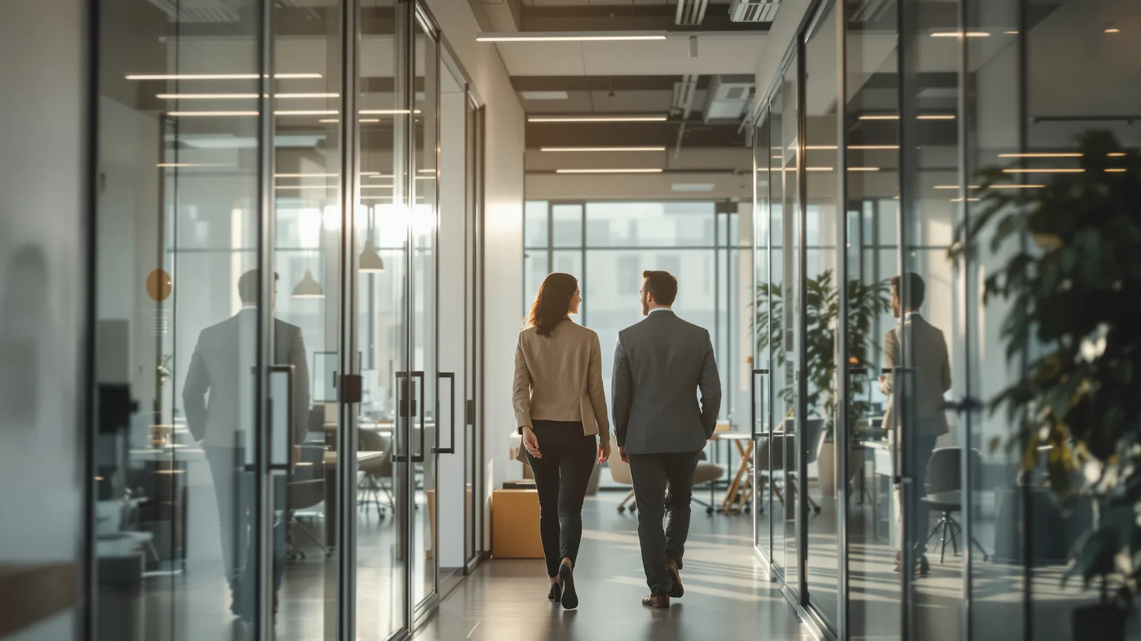 Two people walking and talking through an office.