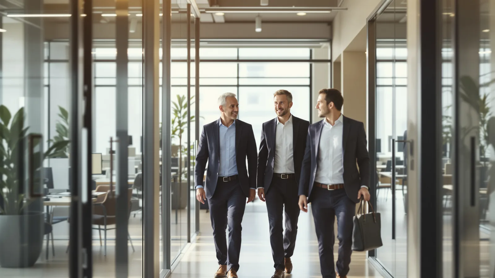 Two people walking and talking through an office.
