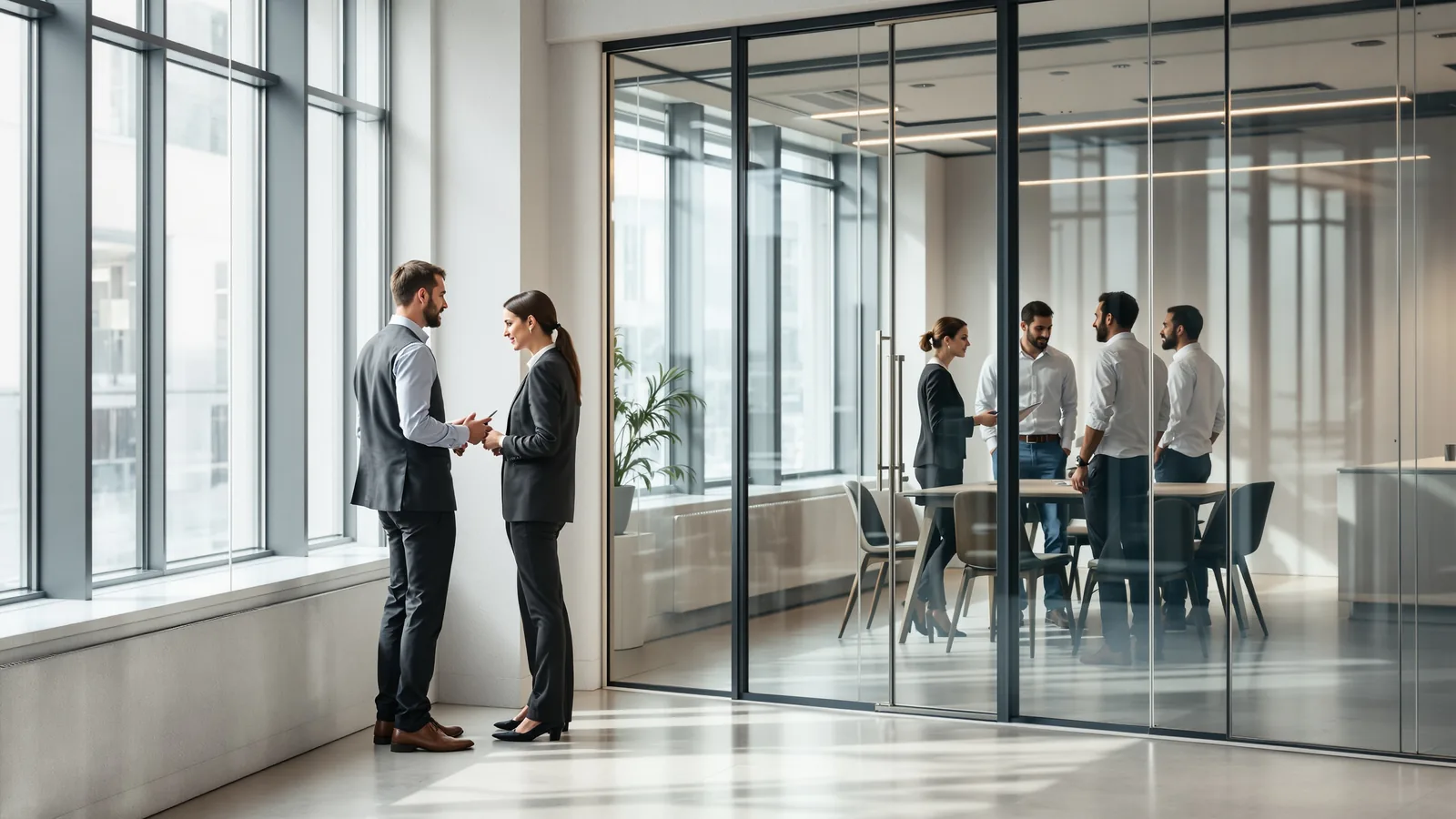 Three colleagues around a table in a glass meeting room.