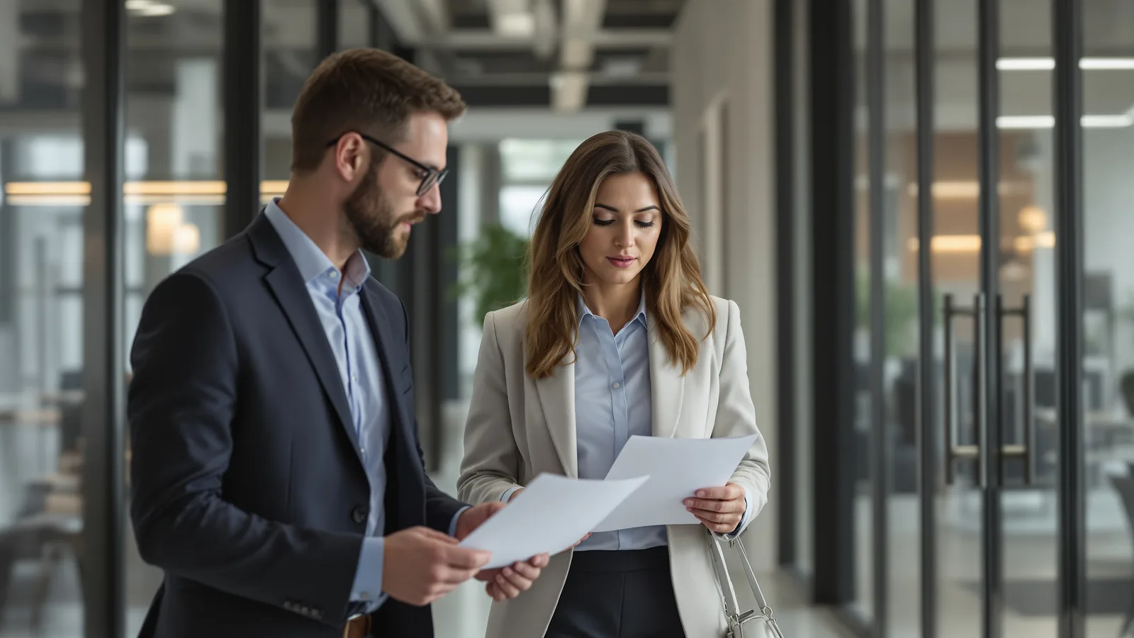 Two people walking and talking through an office.