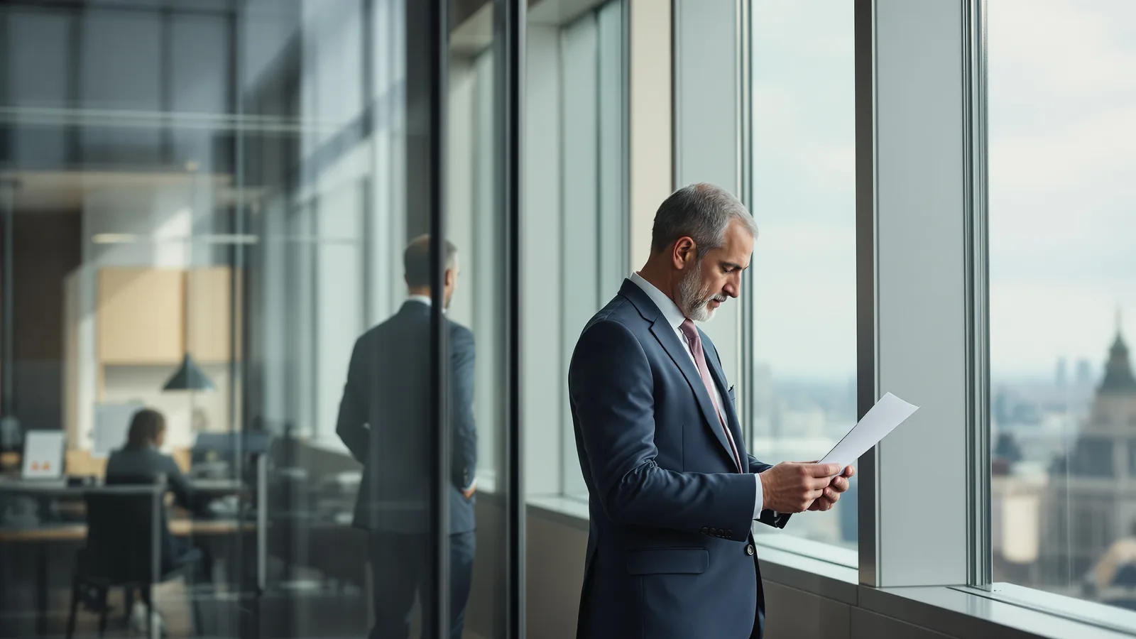 A person at a window reading a document.
