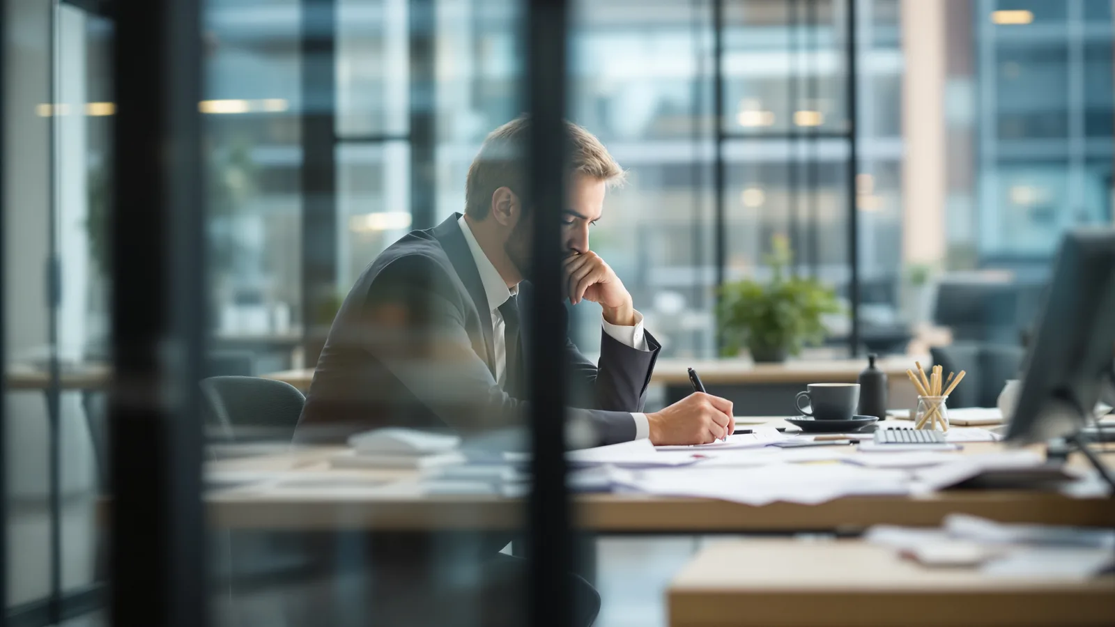 A person at a desk with papers spread in front of them.