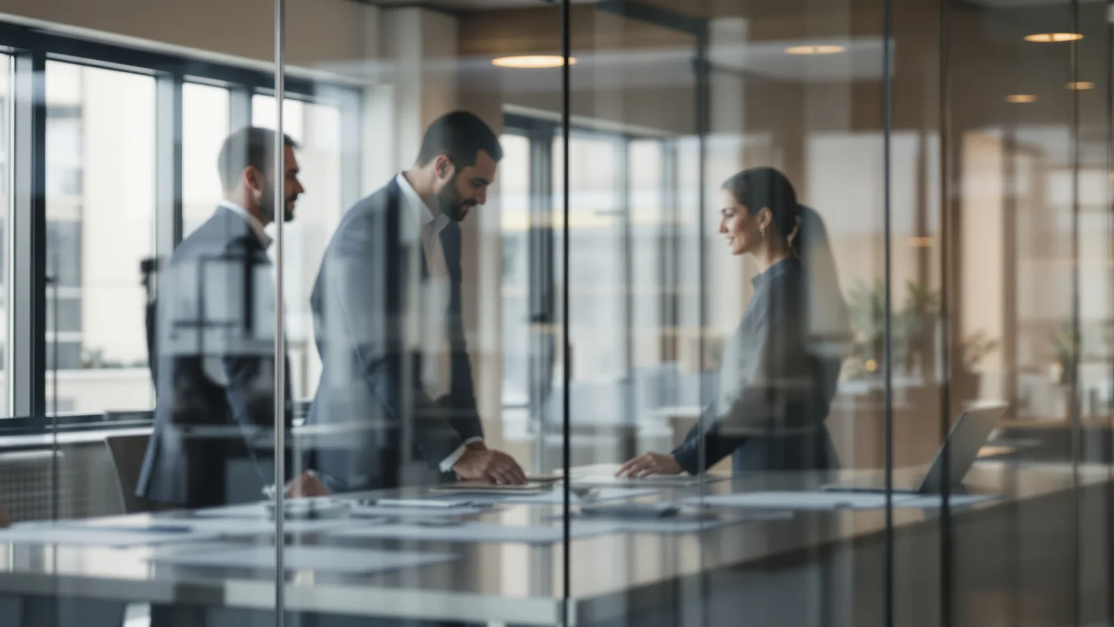 Three colleagues around a table in a glass meeting room.