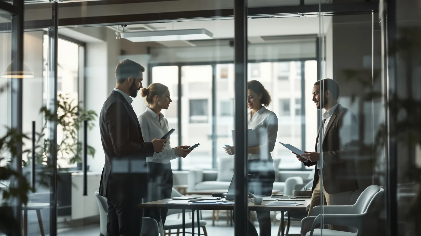 Three colleagues around a table in a glass meeting room.