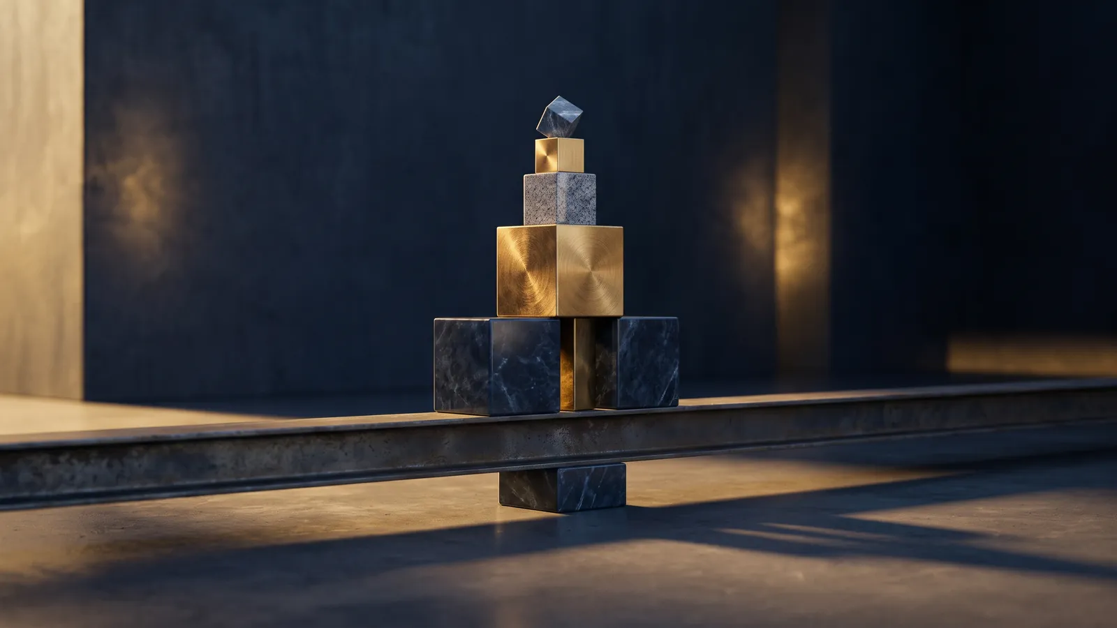 Stacked stone blocks of different sizes balanced on a long beam in warm side light