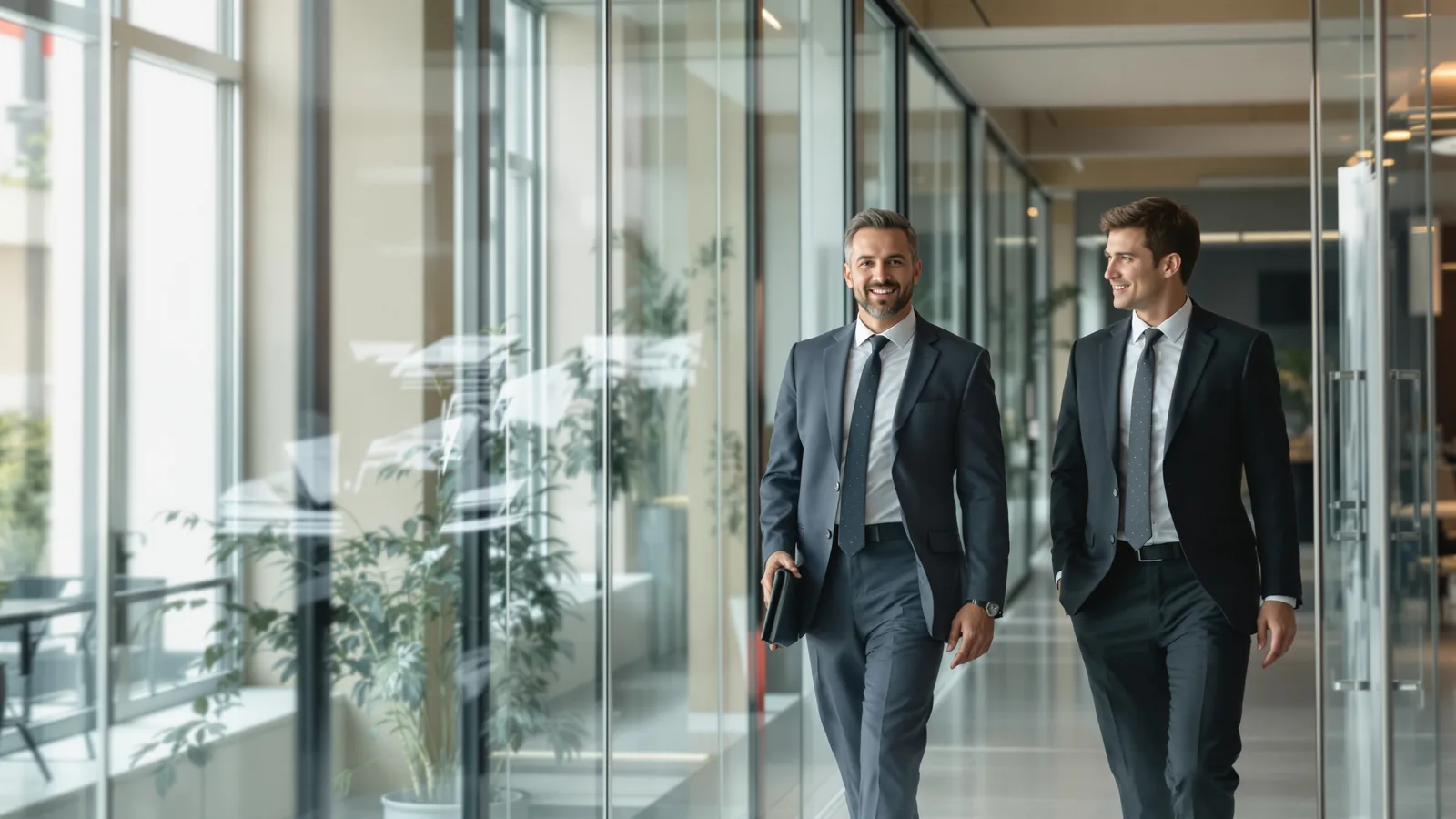 Two people walking and talking through an office.