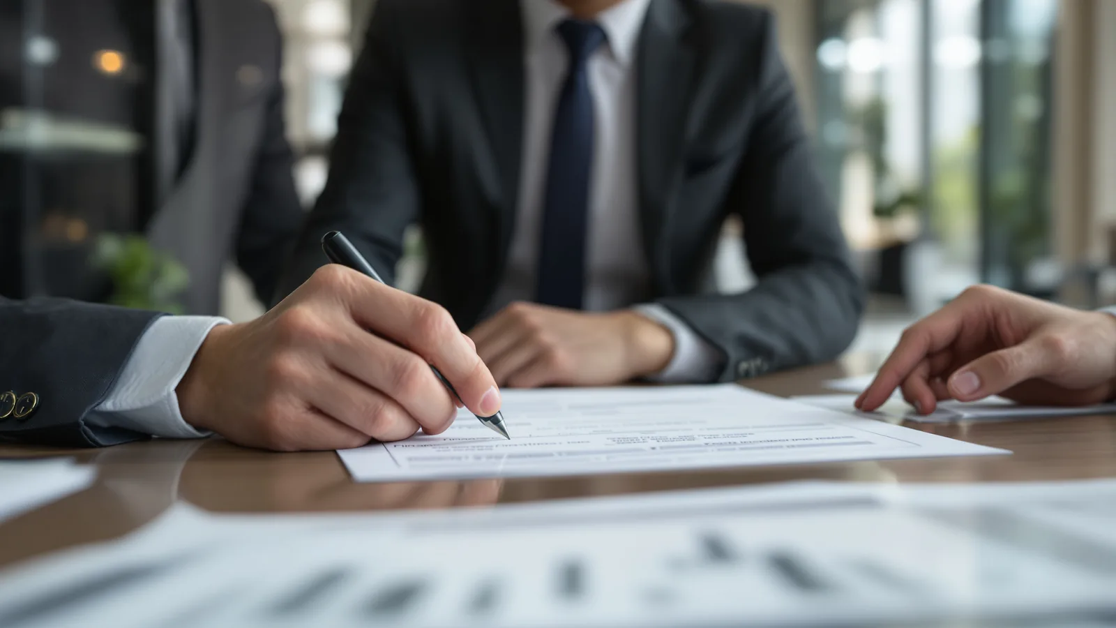 Close view of hands and printed documents on a desk.