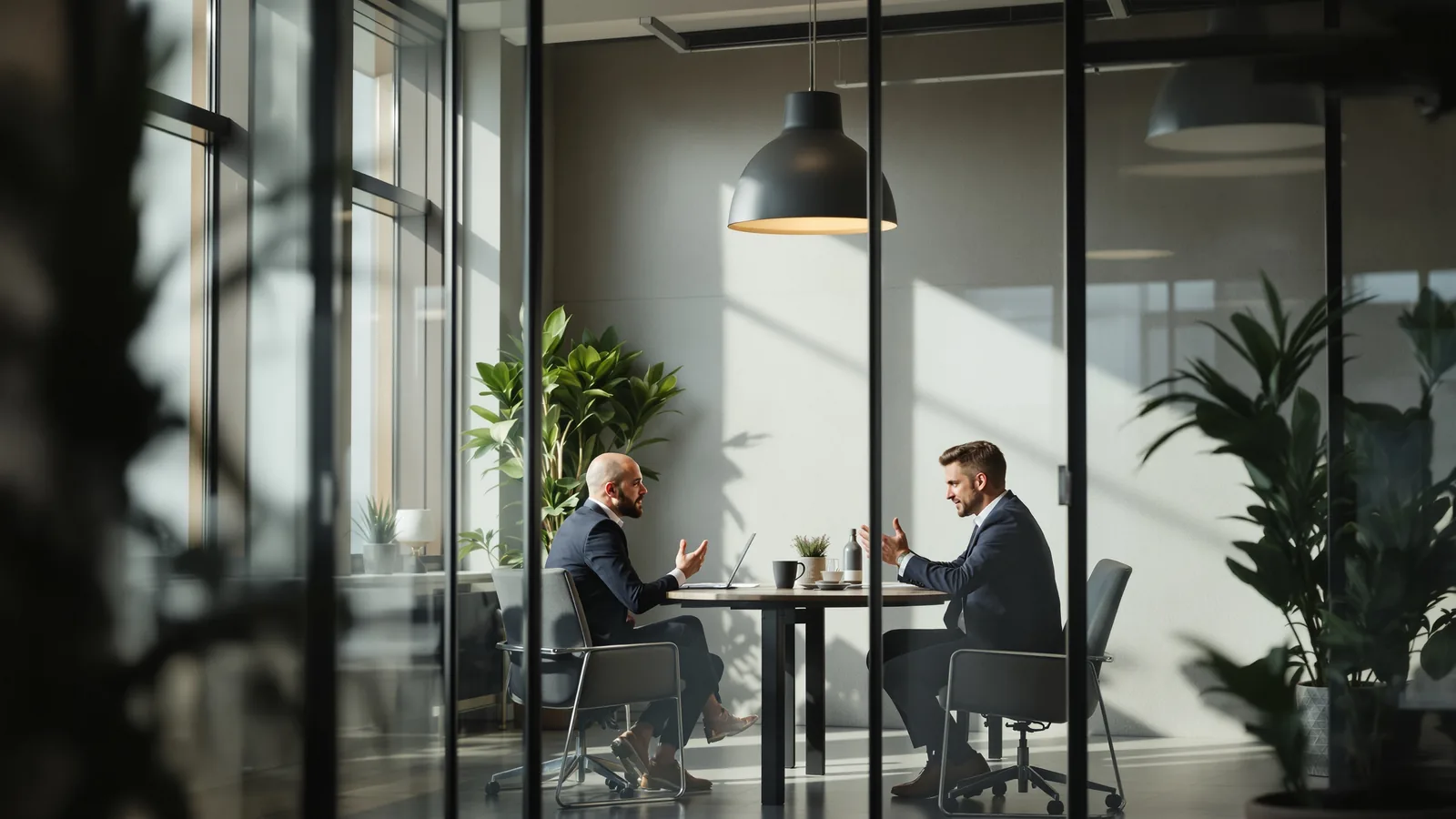 Two people mid-discussion across a table.