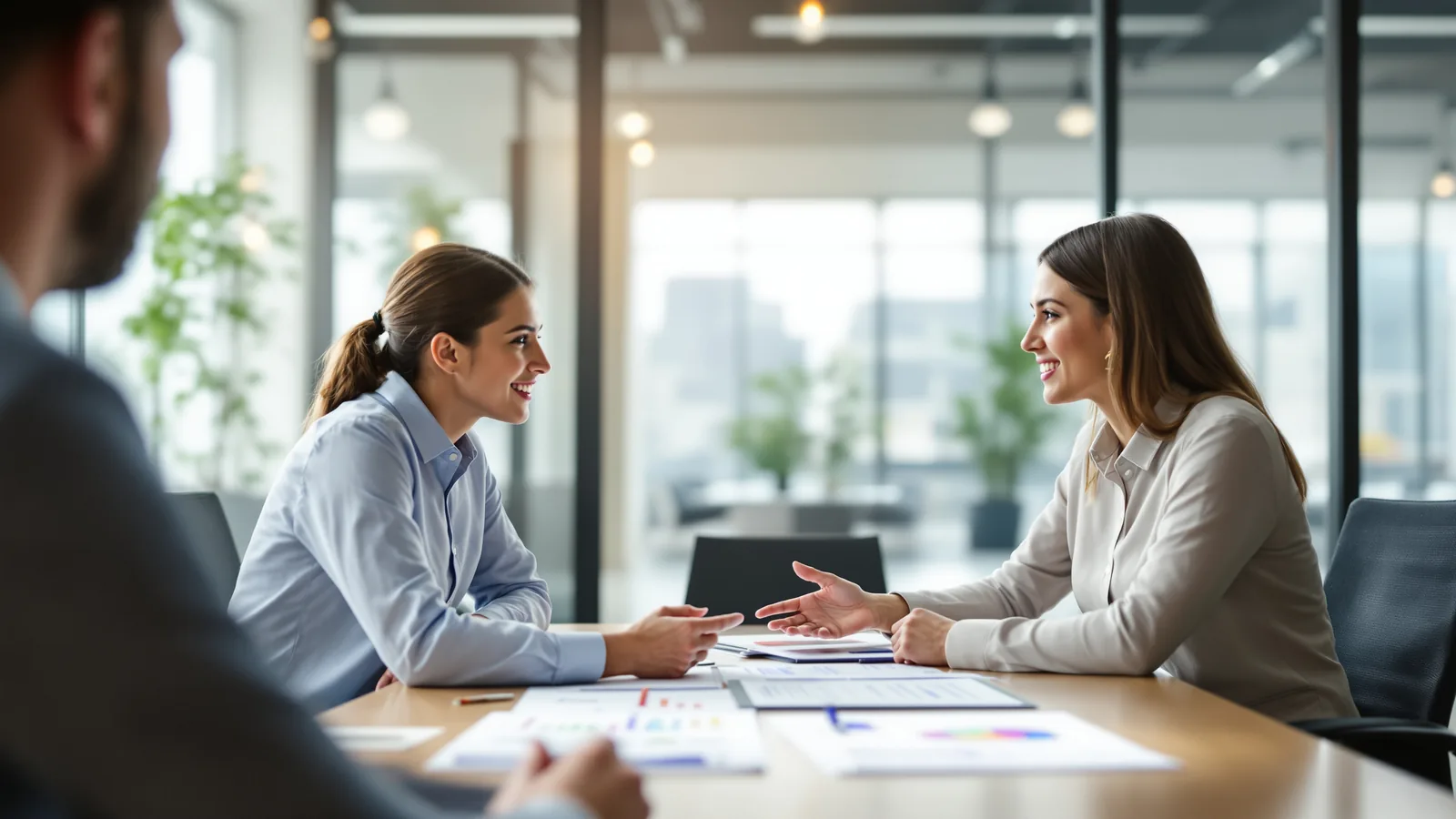 Two people mid-discussion across a table.