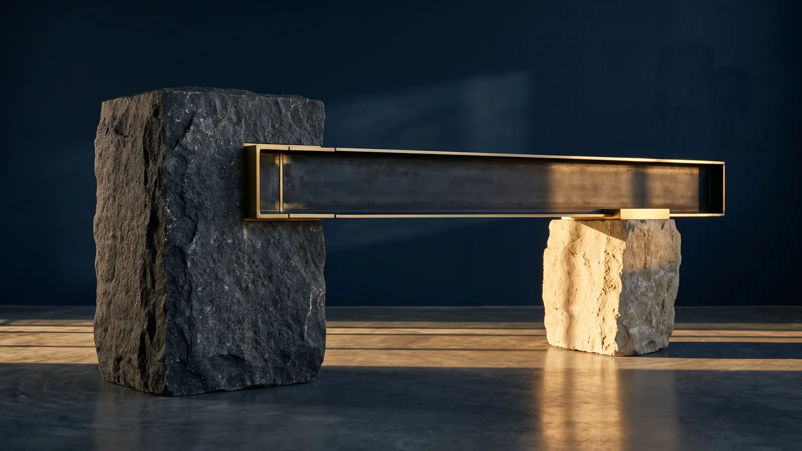 Two stone blocks of different sizes resting on a shared steel beam in soft morning light