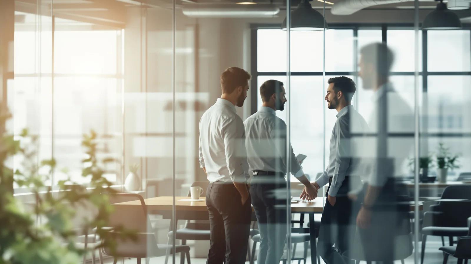 Three colleagues around a table in a glass meeting room.