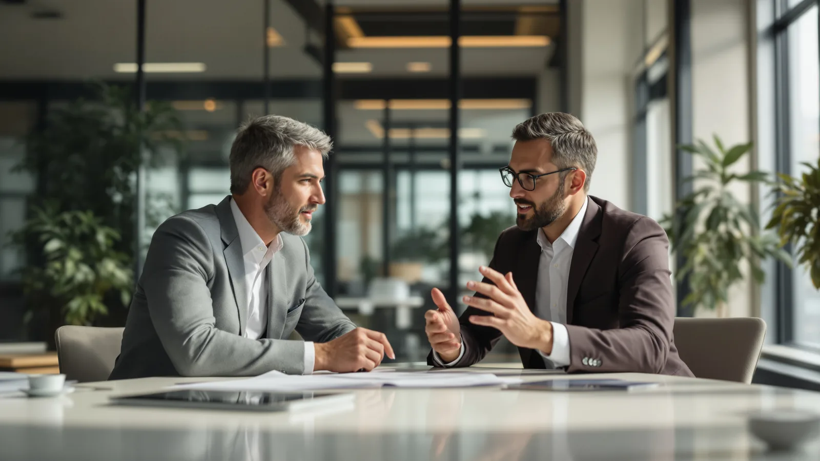 Two people mid-discussion across a table.