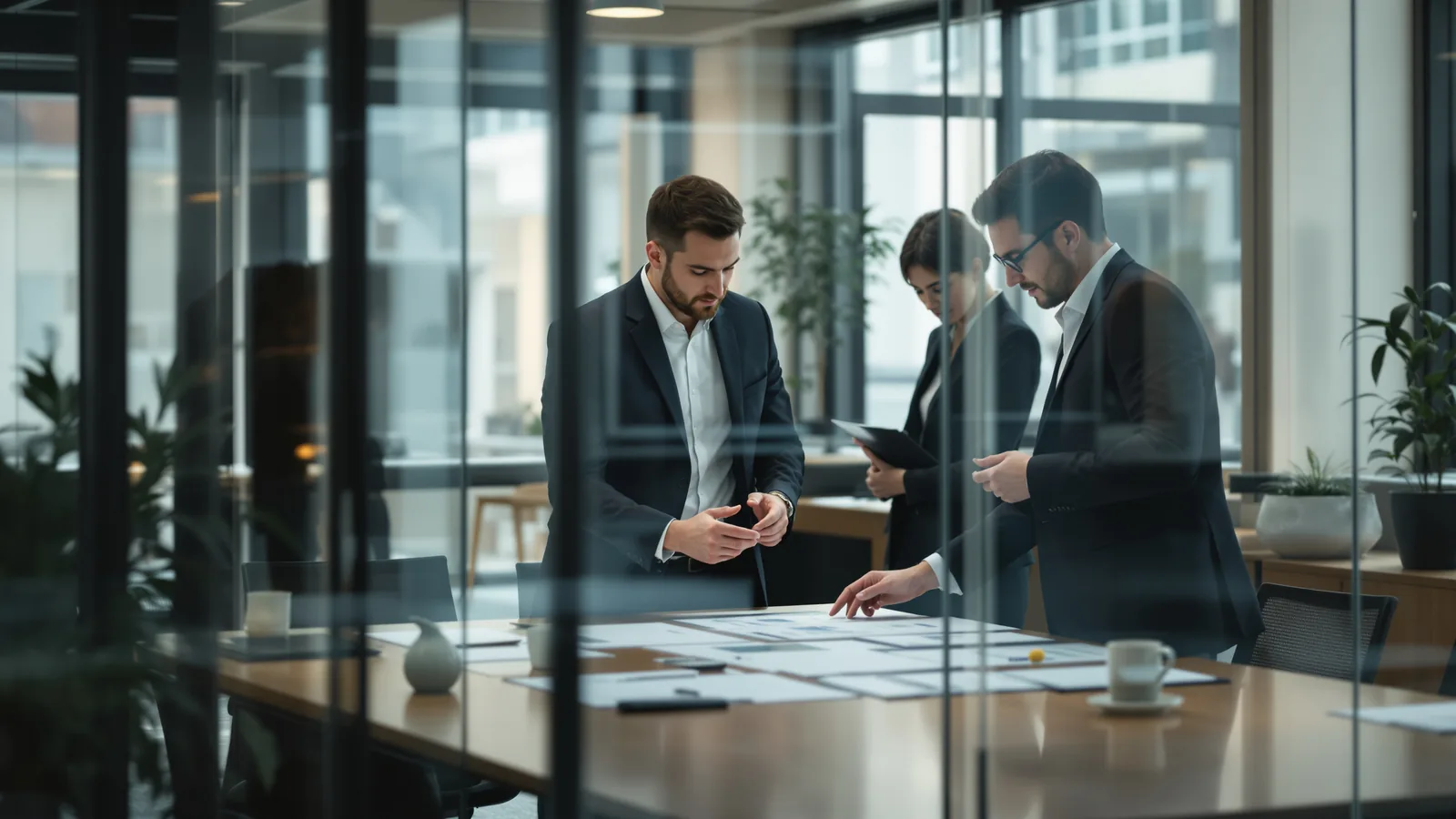 Three colleagues around a table in a glass meeting room.