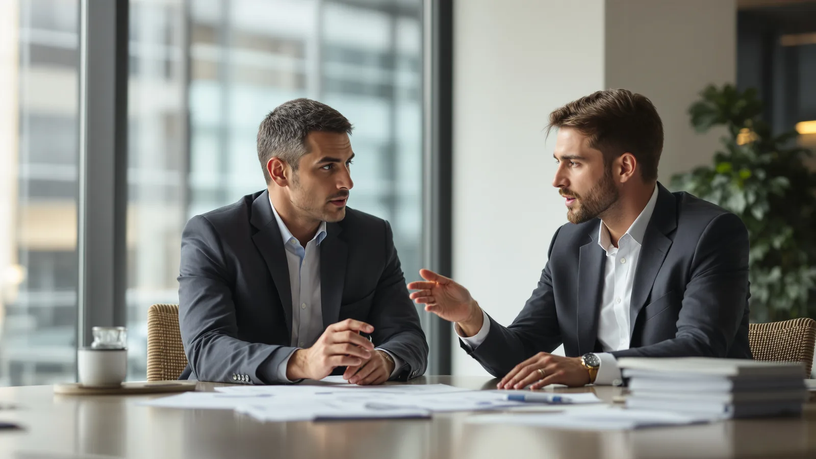 Two people mid-discussion across a table.