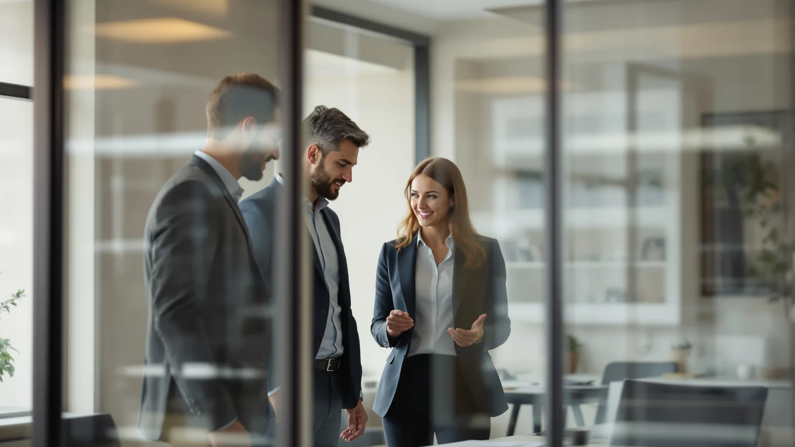 Three colleagues around a table in a glass meeting room.
