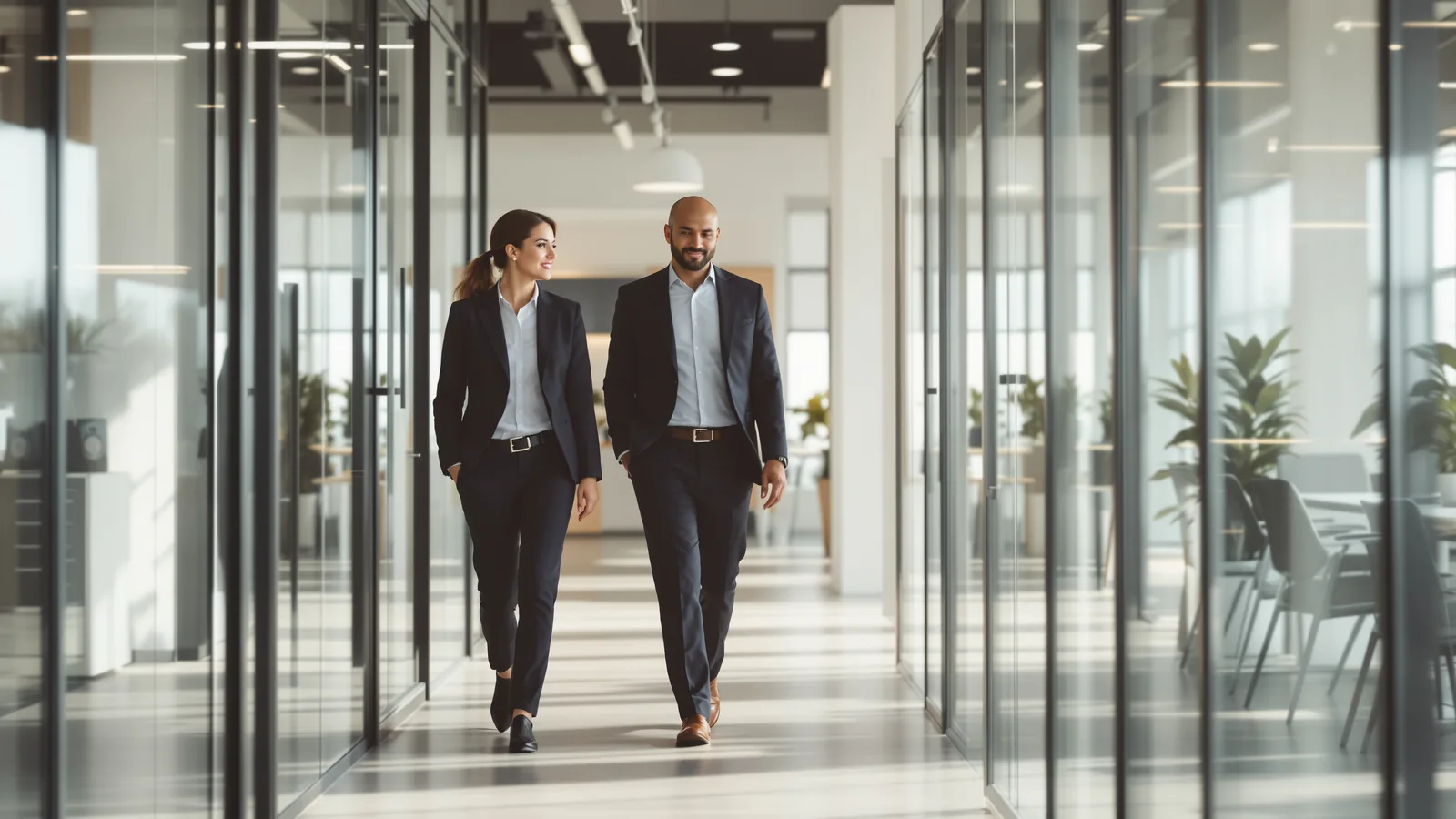 Two people walking and talking through an office.