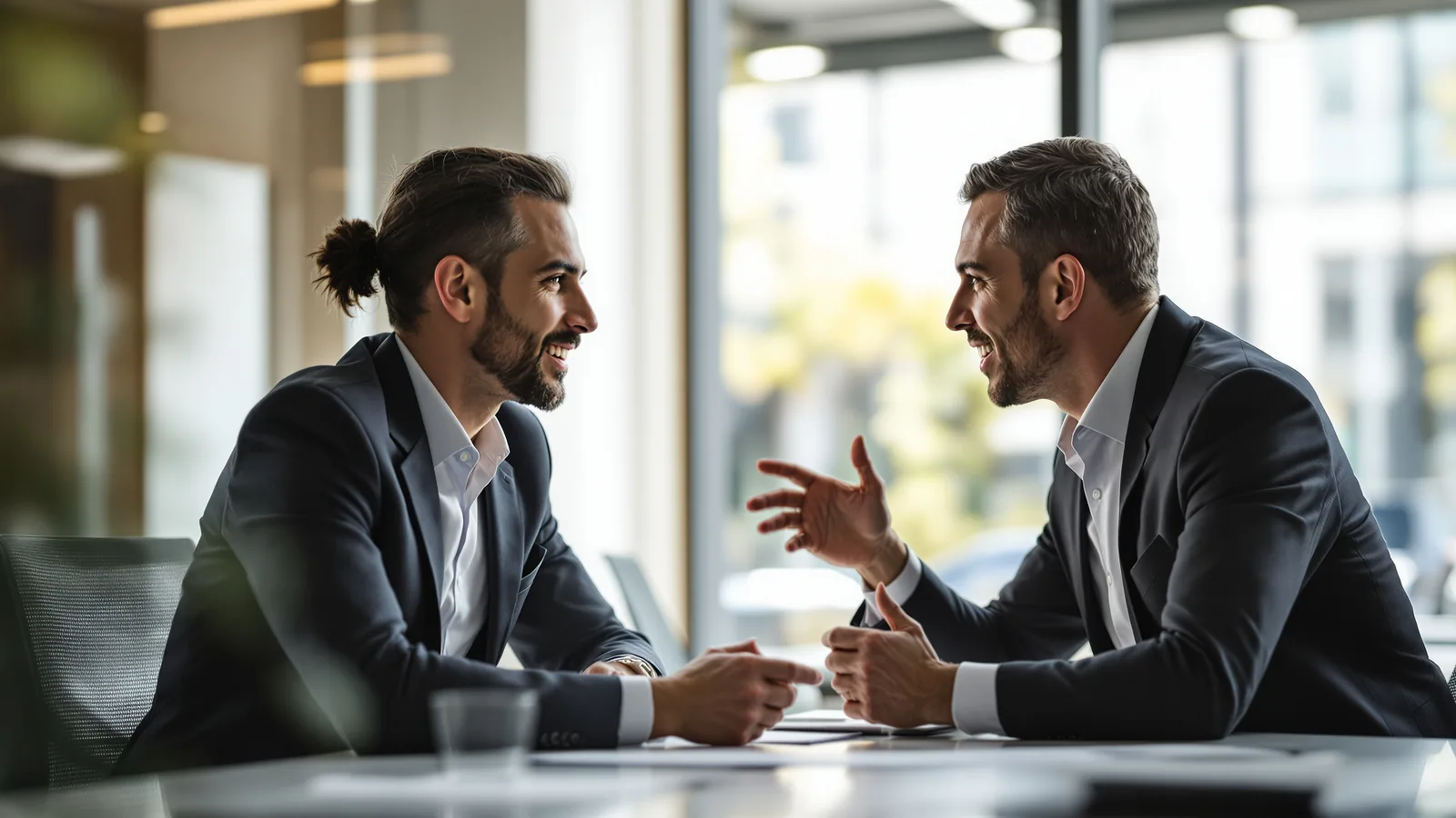 Two people mid-discussion across a table.