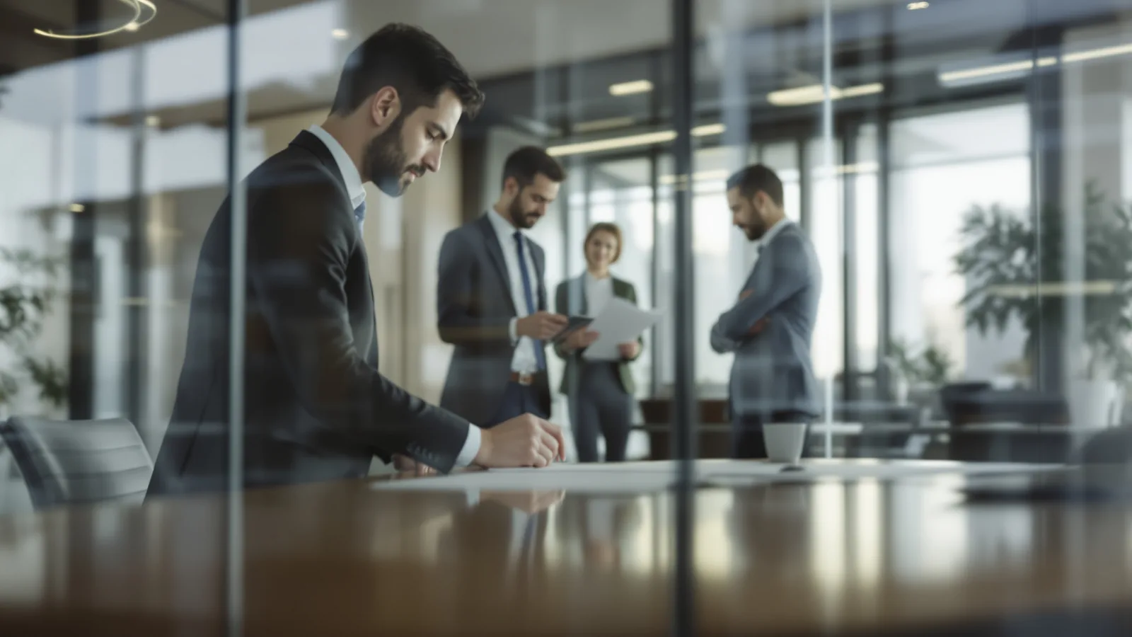 Three colleagues around a table in a glass meeting room.