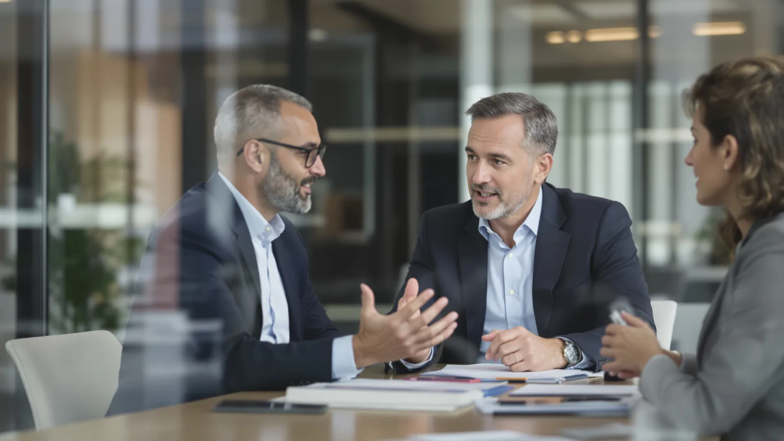 Two people mid-discussion across a table.