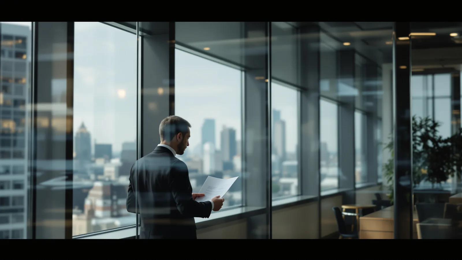 A person at a window reading a document.