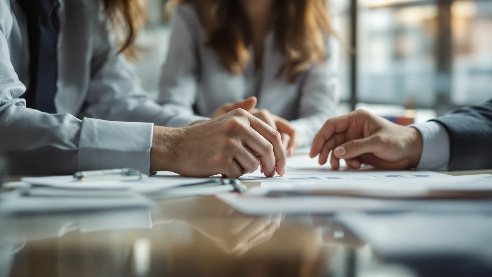 Close view of hands and printed documents on a desk.