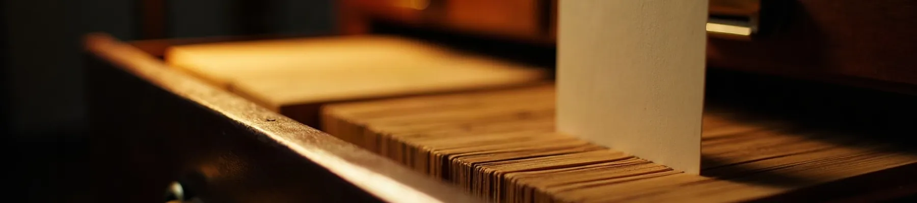 An open card index drawer with one card raised proud of the rest.
