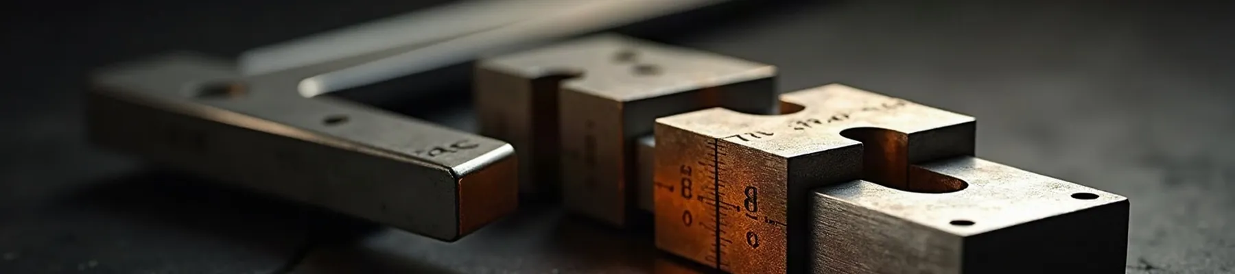 Machinist gauge blocks and a caliper closed on one of them, engraved graduations lit from one side.