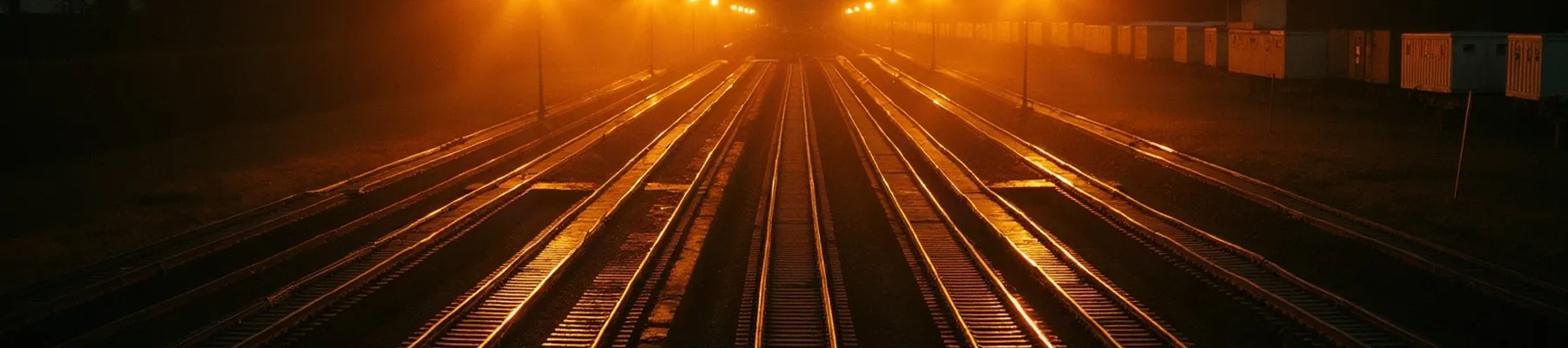 A railway switching yard at night, parallel tracks converging through points under amber signal lamps.